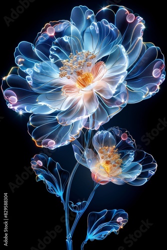Two Blue Flowers With Bubbles on a Black Background