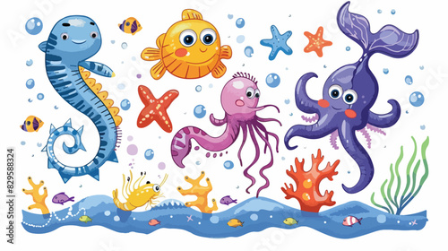 Beautiful cartoon illustration with colorful sea anim