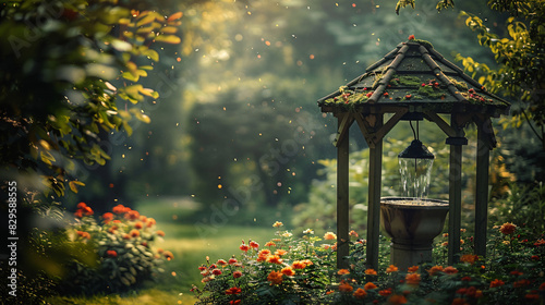 A serene scene of a wishing well in a garden, with the well in focus and the surrounding foliage and flowers fading into a dreamy, blurry backdrop, embodying the abstract hope of wishes granted photo
