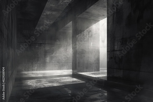 Dark Grungy Interior. Concrete Abstract Rendering with Misty Three-Dimensional Illustration