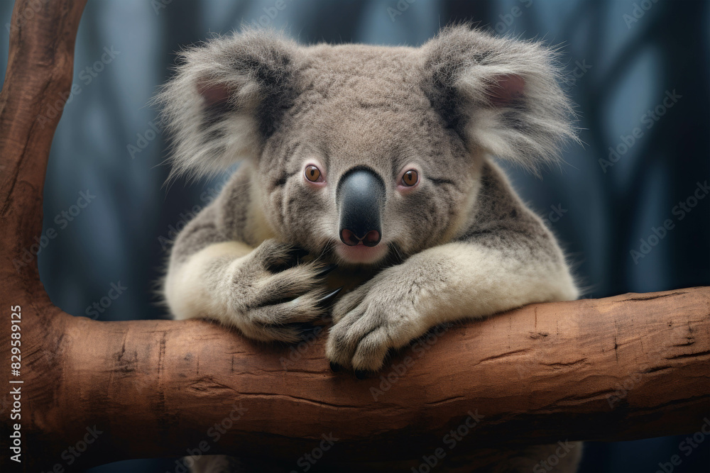 Fototapeta premium Adorable koala resting on a tree branch in a serene forest setting, showcasing its fluffy ears and cute expression. Perfect for nature and wildlife themes.