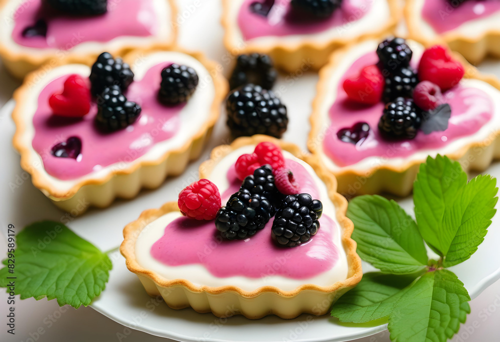 Five heart-shaped tartlets filled with pink berry yogurt and decorated with blackberries Five heart-shaped tartlets filled with pink berry yogurt and decorated with blackberries