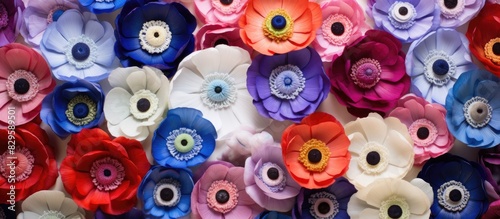 An assortment of colorful Anemone coronaria flowers displayed in a flower shop with a vibrant mix of blue purple white and red hues creating an appealing copy space image