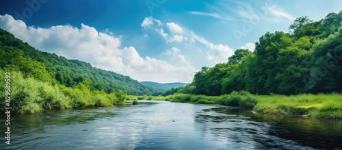 A scenic summer view featuring a river lush forest and verdant riverbanks set against a sunny sky with fluffy white clouds ideal for a copy space image