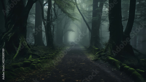 Mysterious foggy forest path with towering trees and green moss  creating an eerie and enchanting atmosphere  perfect for fantasy or horror themes.