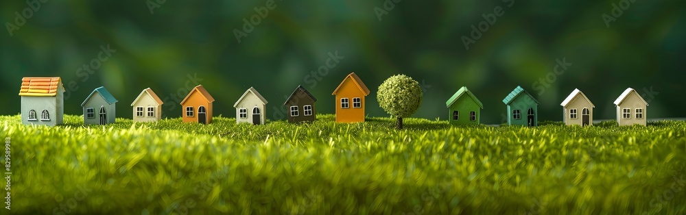 Colorful Paper Houses on Green Background