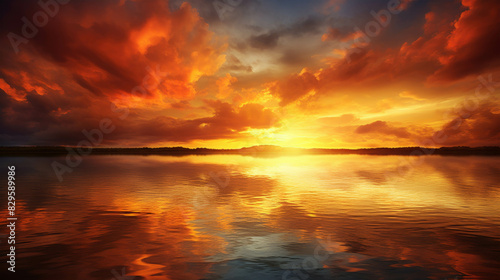 Stunning vibrant sunset over a calm lake, reflecting vivid orange and red hues in the serene water, creating a tranquil and breathtaking scenery.