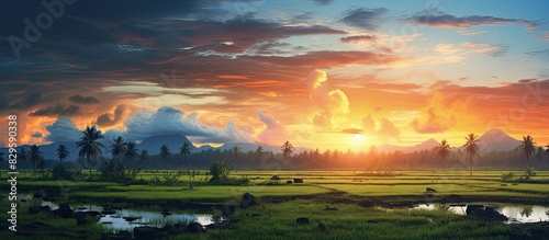Before sunset a picturesque scene of palm trees and rice fields is ready to be captured in a copy space image photo