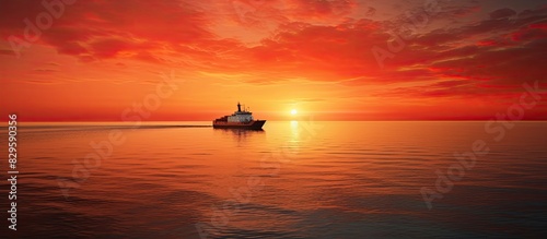 A barge in the sea during sunset with a beautiful background perfect for a copy space image