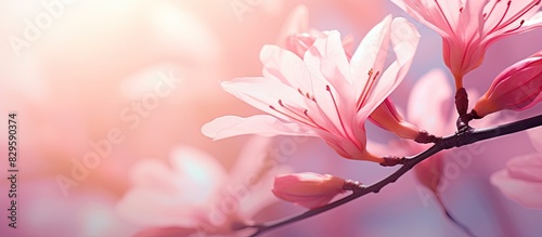 Macro view of a vibrant pink blossom blooming in sunlight creating a picturesque nature background with copy space image