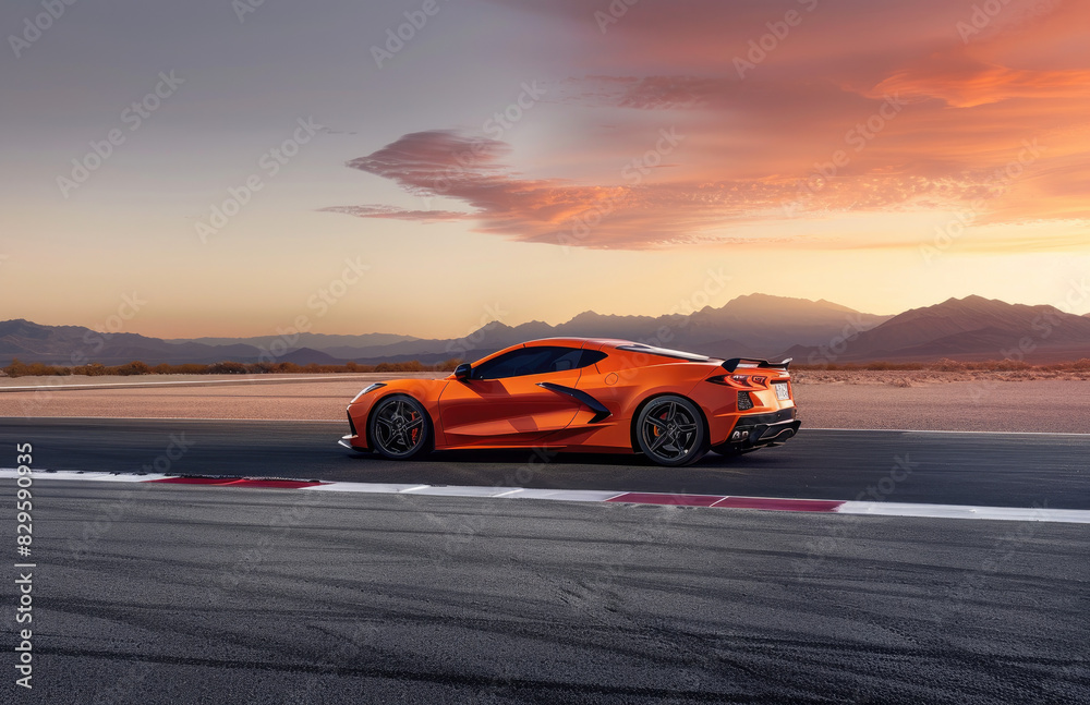 A scenic summer orange Corvette C8R on the tarmac. Created with Ai