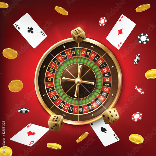 This vector showcases a casino-themed composition with a roulette wheel at the center, surrounded by dice, playing cards, poker chips, and coins on a red background
