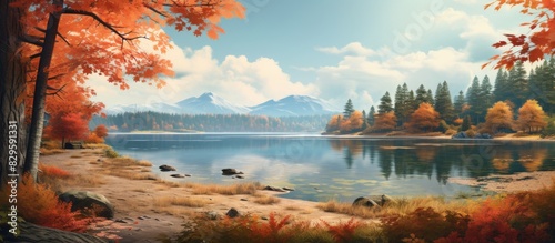 Day near the autumnal lake. Copy space image. Place for adding text and design photo
