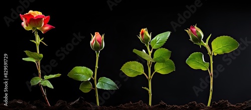 Various growth phases of a lovely rose plant captured in a single photograph with a background perfect for adding text or graphics a copy space image photo
