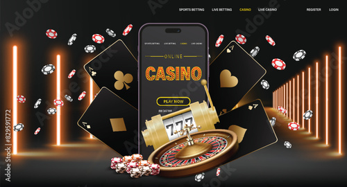 A smartphone displaying an online casino interface surrounded by casino elements like cards, chips, and a roulette wheel against a dark backdrop with golden accents
