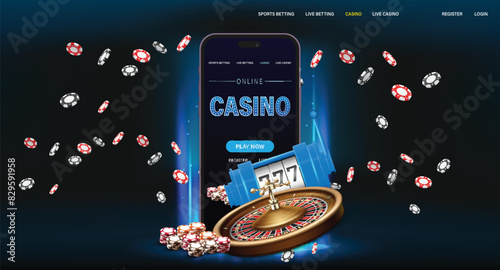 A smartphone displaying an online casino interface surrounded by casino elements like cards, chips, and a roulette wheel against a dark backdrop with golden accents
