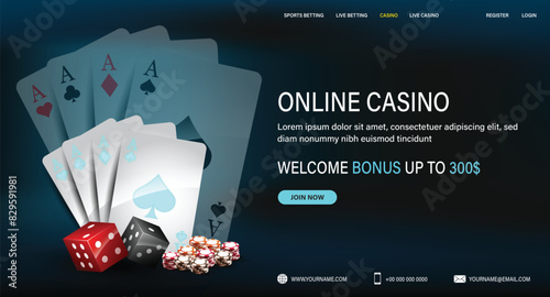 An online casino promotional banner with playing cards, dice, and chips offering a $300 bonus
