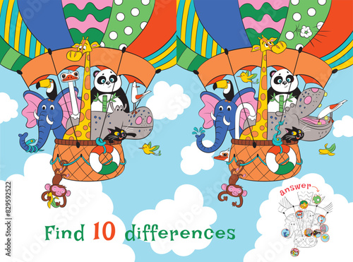 Elephant, hippopotamus, giraffe, panda, monkey, birds travel in a hot air balloon. Find 10 differences. Educational game for children. Cartoon vector illustration © Оксана Чумакова