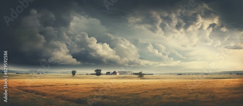 Vintage square photo of a country landscape under a cloudy morning sky before a storm offering a nostalgic feel with a charming copy space image