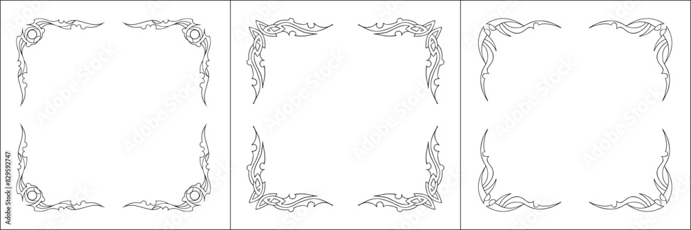 Set of three frames. Elegant black and white frame with Scandinavian ornament, decorative border, corners, isolated vector illustration.	