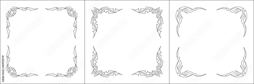 Set of three frames. Elegant black and white frame with Scandinavian ornament, decorative border, corners, isolated vector illustration. Set of three frames. Elegant black and white frame with Scandinavian ornament, decorative border, corners, isolated vector illustration.