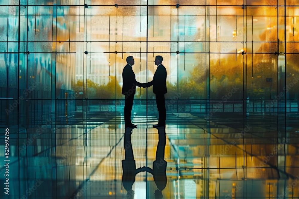 Two businessmen shake hands in a modern office, signifying a successful partnership or agreement Two businessmen shake hands in a modern office, signifying a successful partnership or agreement