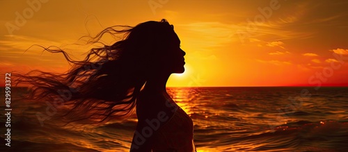 Beautiful girl silhouette against a sunset sea background with copy space image