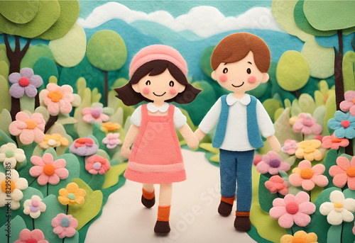 boy and girl  Walking hand in hand with happiness  among the flowers