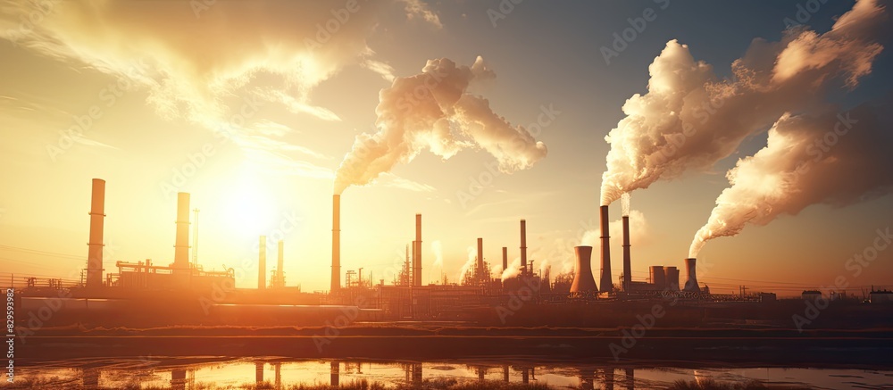 Power plant pipes with swirling smoke at sunrise Environmental pollution View against the sun. Copy space image. Place for adding text and design
