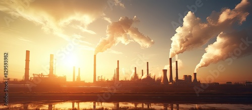 Power plant pipes with swirling smoke at sunrise Environmental pollution View against the sun. Copy space image. Place for adding text and design