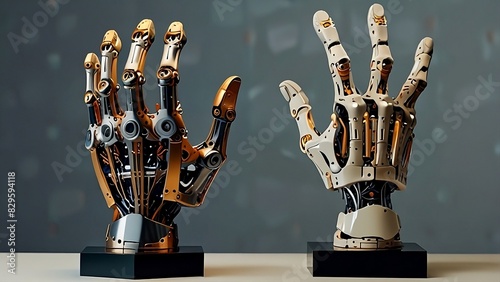 Illustration of a robot hand. An authentic portrayal of a robotic hand prototype, engineered with precision to emulate the dexterity and functionality of the human hand