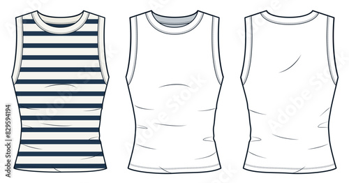 Tank Top technical fashion illustration, striped design. T-Shirt fashion flat technical drawing template, crew neck, sleeveless, front and back view, white, blue, women, men, unisex Top CAD mockup set