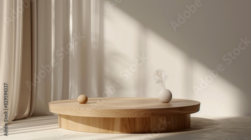 A modern 3D mockup showcasing a natural wood podium with a built-in display screen, perfect for showcasing product information alongside the physical product