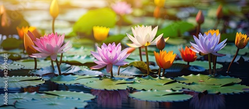 Colorful water lily or lotus flower with Nelumbo nucifera scientific name blooming in the lotus pond great for copy space image photo