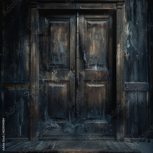 rustic, dilapidated appearance, old wooden door exudes a creepy vibe ideal for Halloween settings, combination of its ancient design and spooky atmosphere