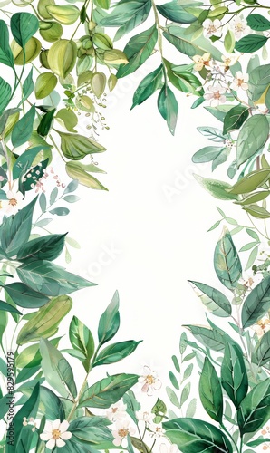 Watercolor illustration of green leaves and white flowers framing a blank space on a light background