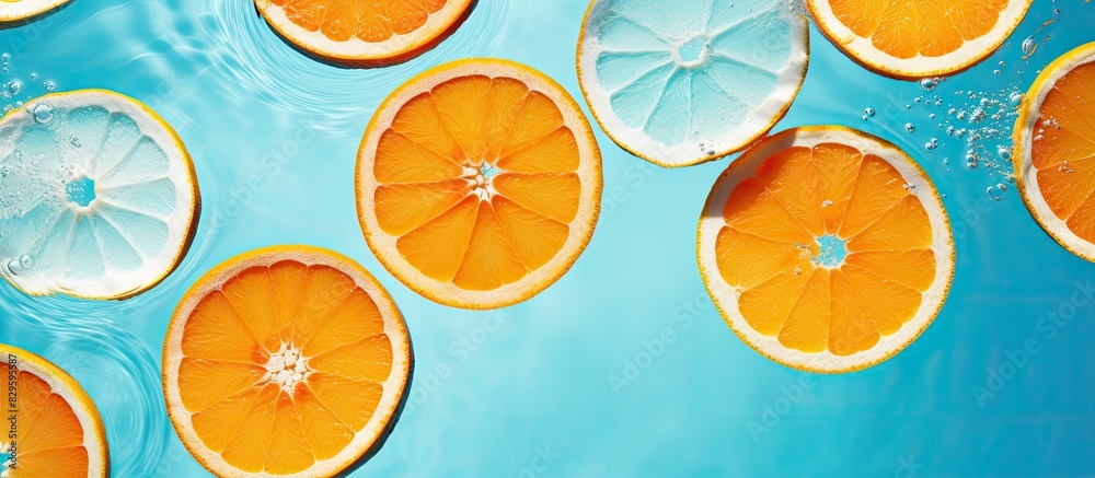 Top view of a creative summer composition featuring sliced oranges floating in clear pool water showcasing a refreshment concept with a healthy drink theme and copy space image Top view of a creative summer composition featuring sliced oranges floating in clear pool water showcasing a refreshment concept with a healthy drink theme and copy space image