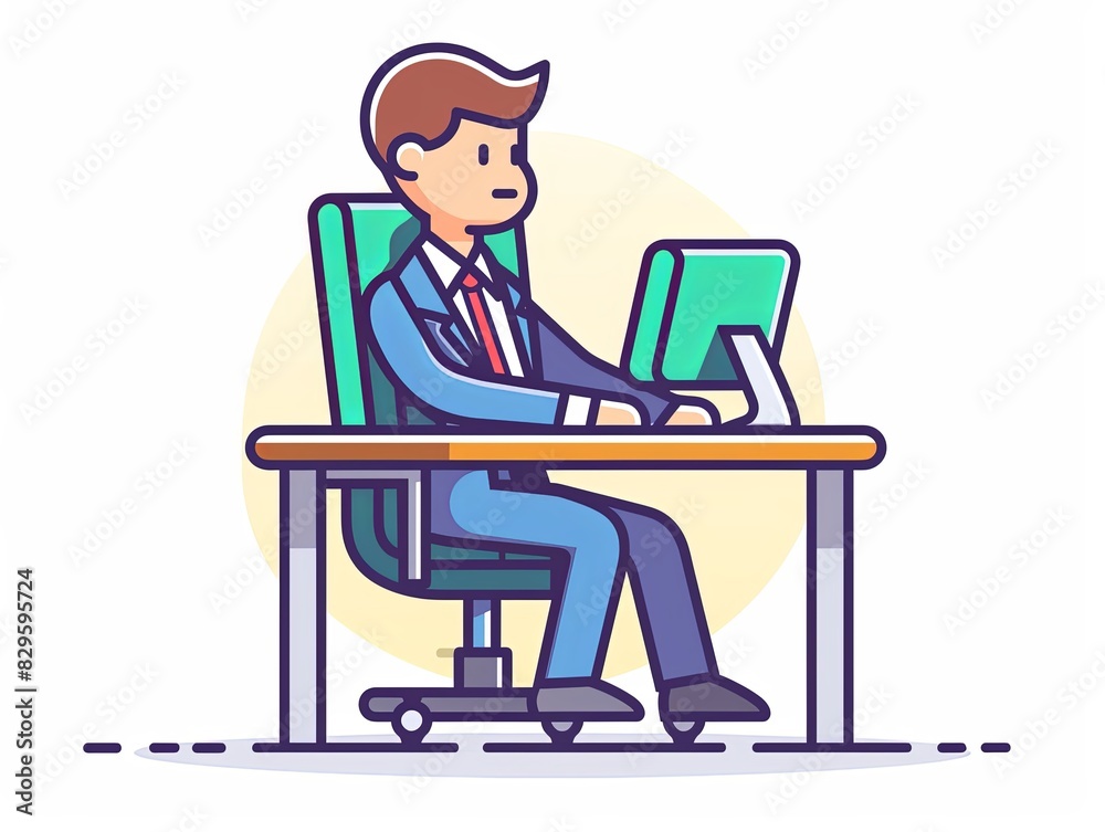 A man in a suit is sitting at a desk with a computer monitor in front of him A man in a suit is sitting at a desk with a computer monitor in front of him