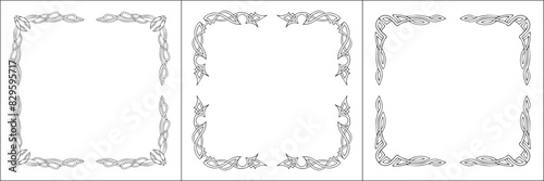 Set of three frames. Elegant black and white frame with Scandinavian ornament, decorative border, corners, isolated vector illustration.	