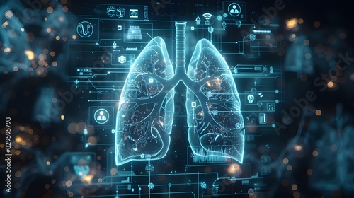 3d holographic display of human lungs with medical symbols and icons, practice of medicine and healthcare, futuristic visualization of innovative advanced technology human anatomy and medical concept.