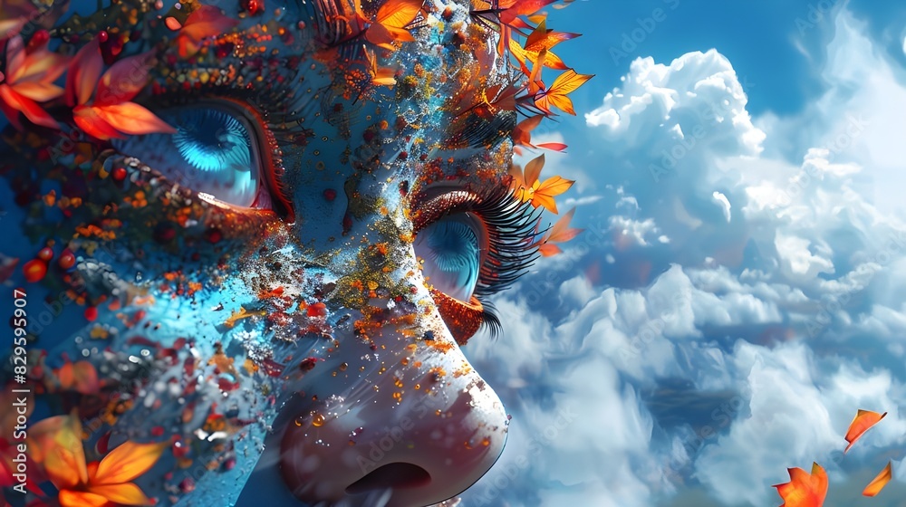 Abstract fantasy landscape, beautiful woman's blue eyes with long eyelash, blue sky and cloud background, surreal dreamy 3d render modern contemporary digital artwork illustration.
