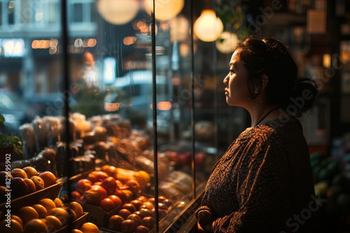 A woman standing and looking at a display of fresh fruits in a market photo