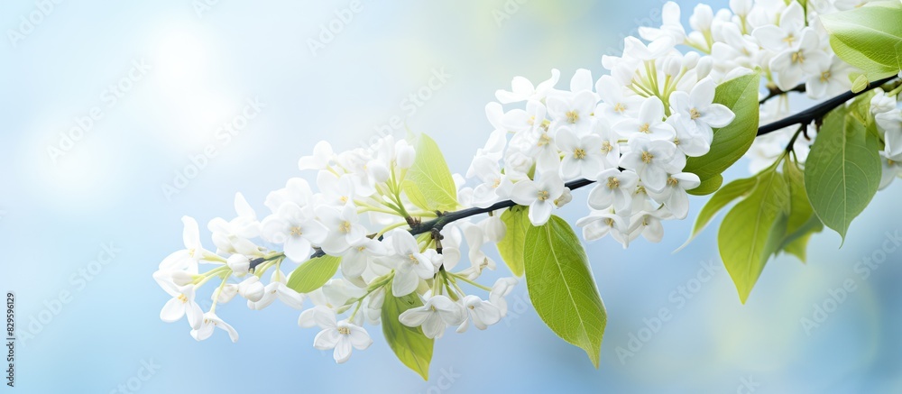 Obraz premium Macro photo of a blooming white lilac branch on a blurred background perfect for copy space image Part of the beauty of spring flowers captured up close