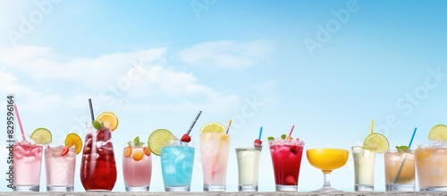 Summer drinks and alcoholic cocktails displayed with a lemonade filled table background perfect for a vibrant copy space image photo