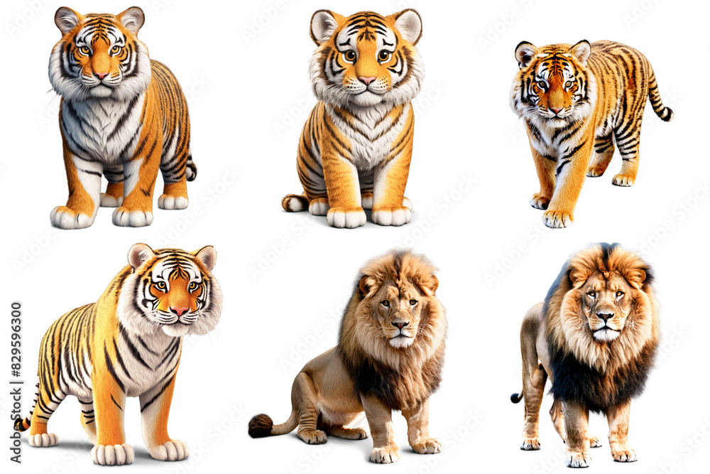 A set of six different tigers and lions in various poses, PNG with transparent background, AI A set of six different tigers and lions in various poses, PNG with transparent background, AI