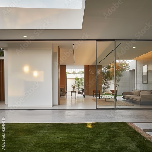 A large open house with a glass door leading to a grassy area photo