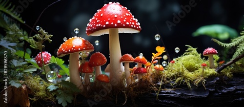A visually striking woodland plant species Amanita muscaria is a vividly colorful and attention grabbing subject perfect for a copy space image