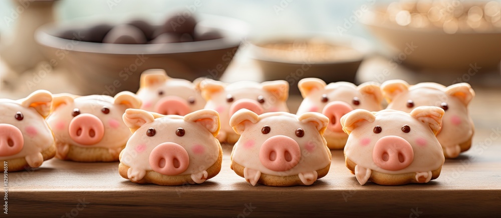 Obraz premium Homemade piggies cookies dessert. Copy space image. Place for adding text and design