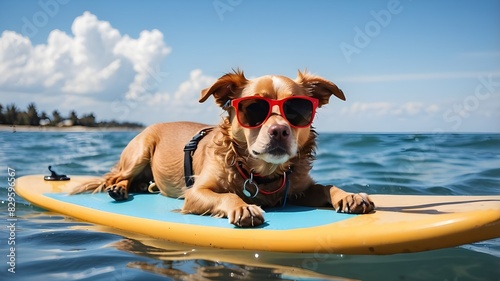 Dog in sunglasses lies on surfboard and floats on the sea.