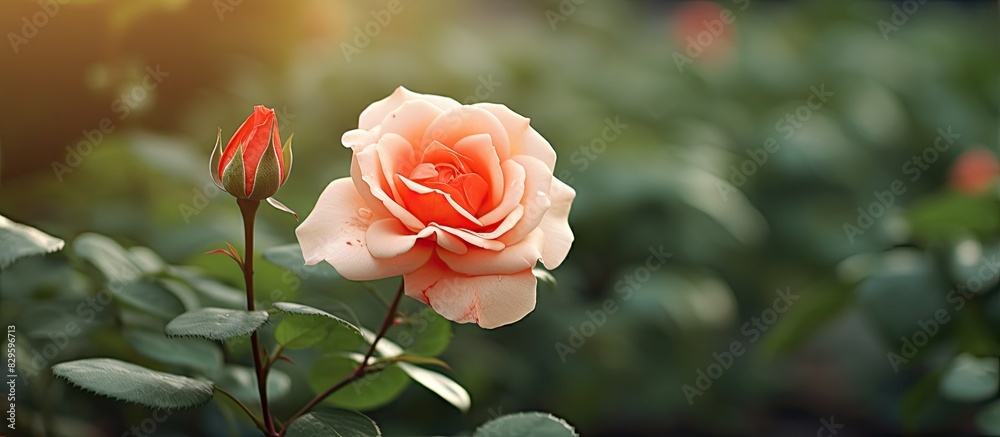 A beautiful rose bloom in a garden setting with a blank space for additional text or graphics in the photograph A beautiful rose bloom in a garden setting with a blank space for additional text or graphics in the photograph